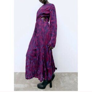NWOT Zara Wrinkled Jacquard Maxi Dress Small Maroon Purple Floral Design